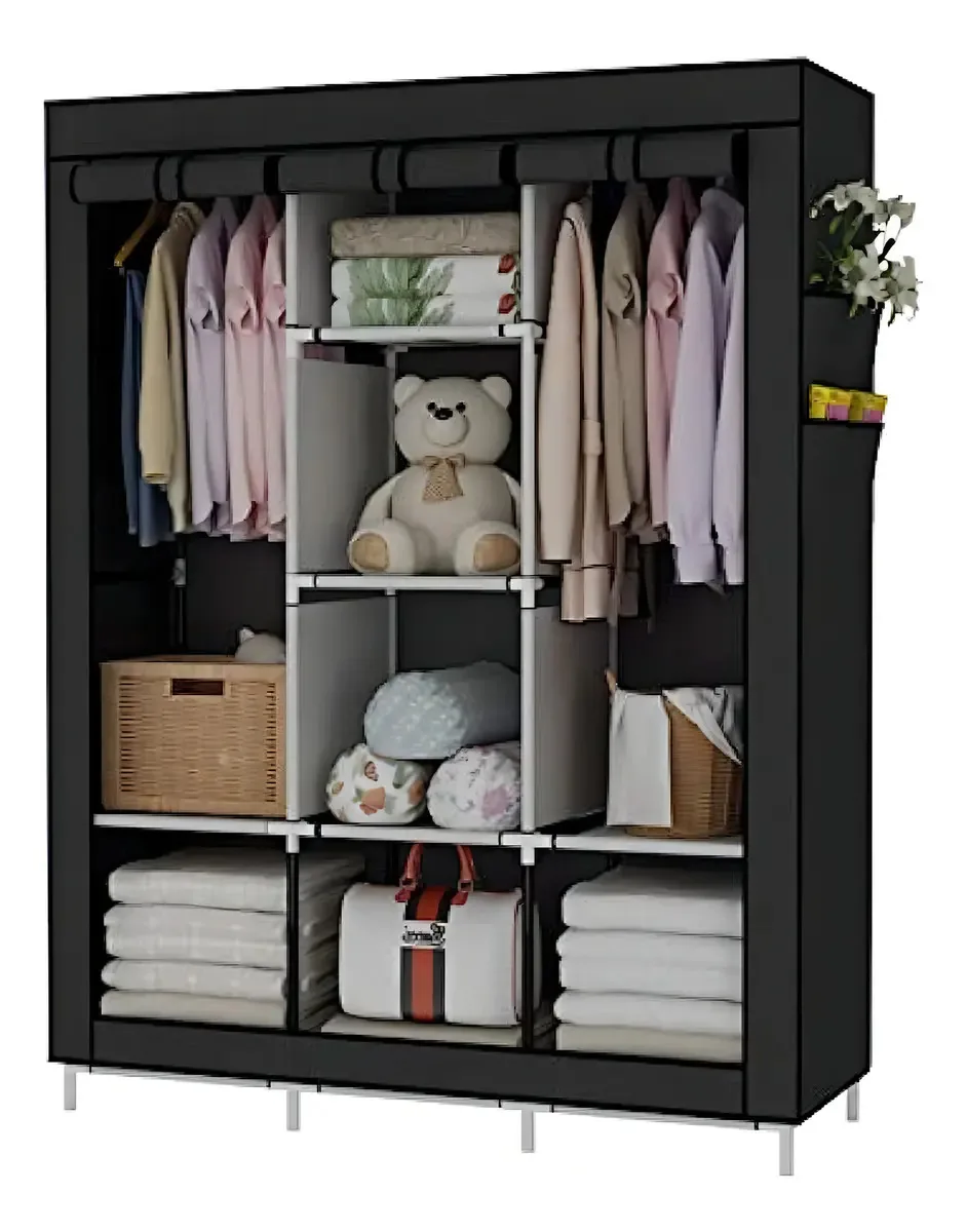 Udear Organizador Portátil De Roupas Para Closet De Roupas, Com 6 Prateleiras De Armazenamento, 2 Seções Para Pendurar E 4 Bolsos Laterais, Preto