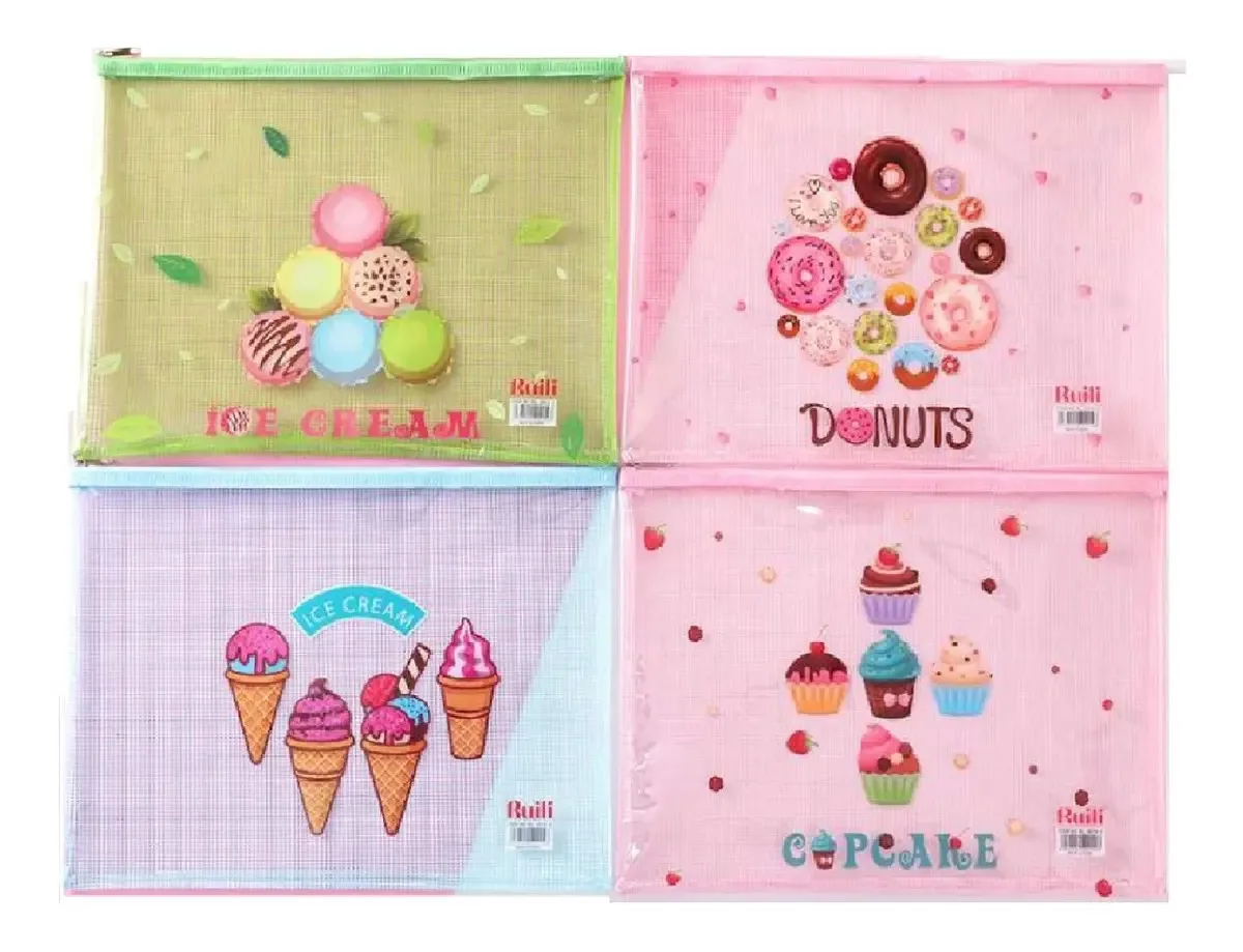 Kit 4 Nécessaires Dafu A4 Organização Zíper Rosa com Estampas Divertidas