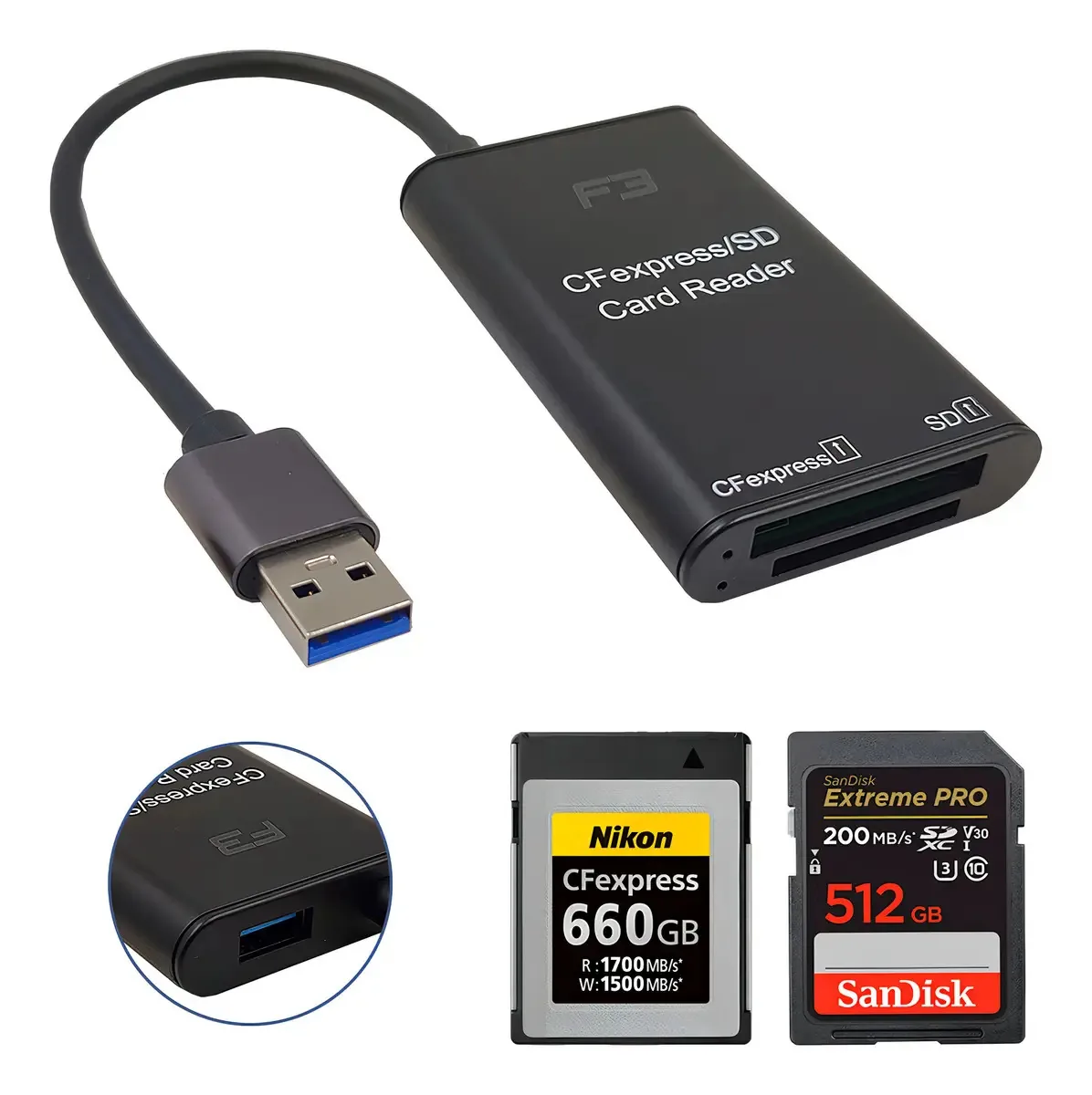 Adaptador F3 TYPE-C USB 3.0 Leitor Cartão SD Cfexpress JC-LT-TYC/USB Preto