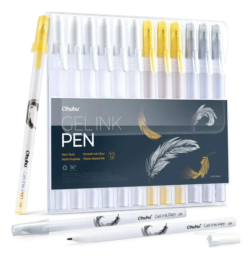 Canetas de gel Ohuhu 12 douradas, prateadas e brancas, tinta dourada e branca, prata, exterior branco