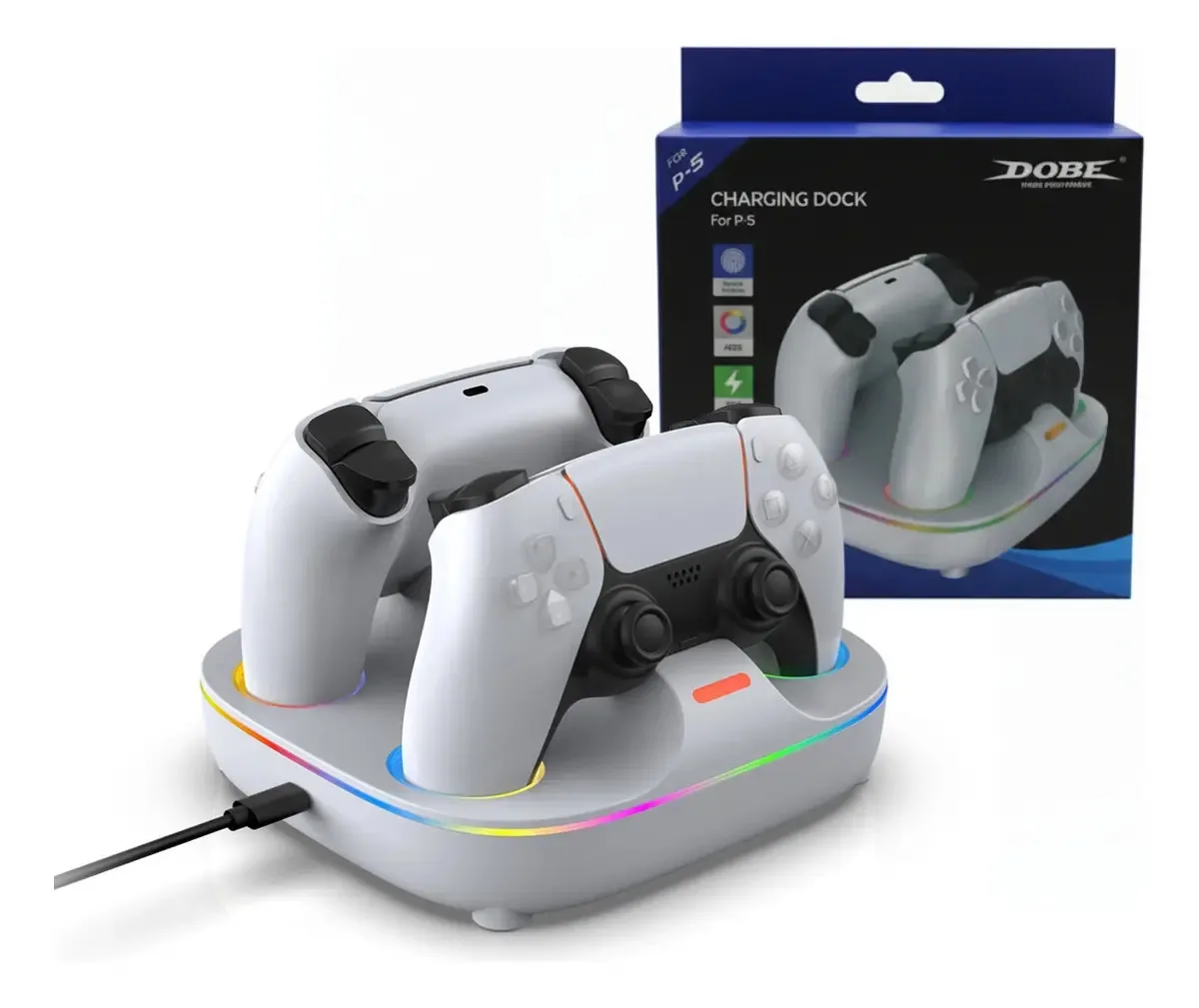 Dock Carregador Duplo Dobe PS5 Controles Dualsense Led RGB Branco