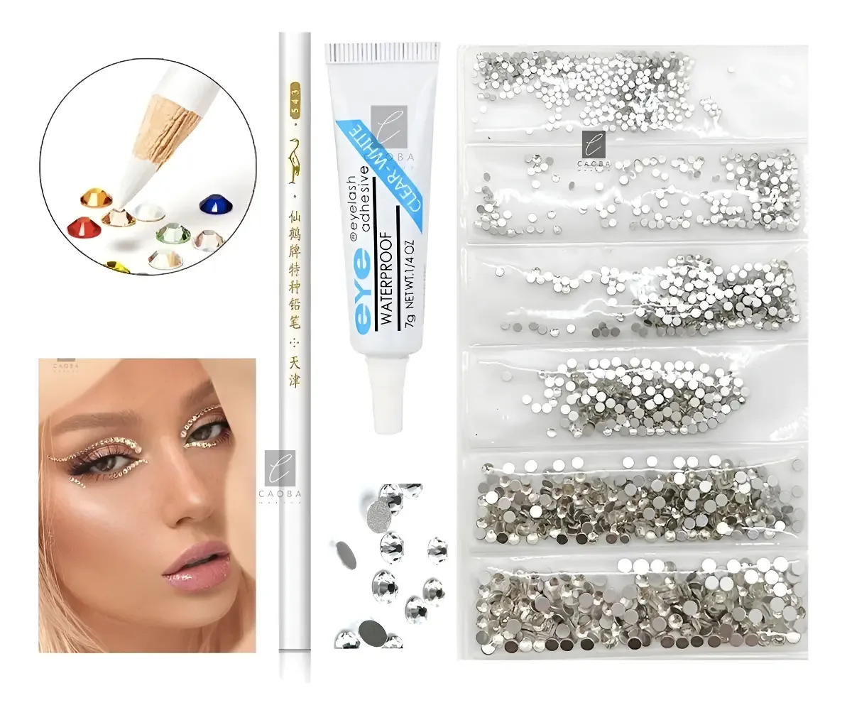 Combinação de strass + cola + lápis de cera, rosto, corpo, unhas, cor: strass, prata