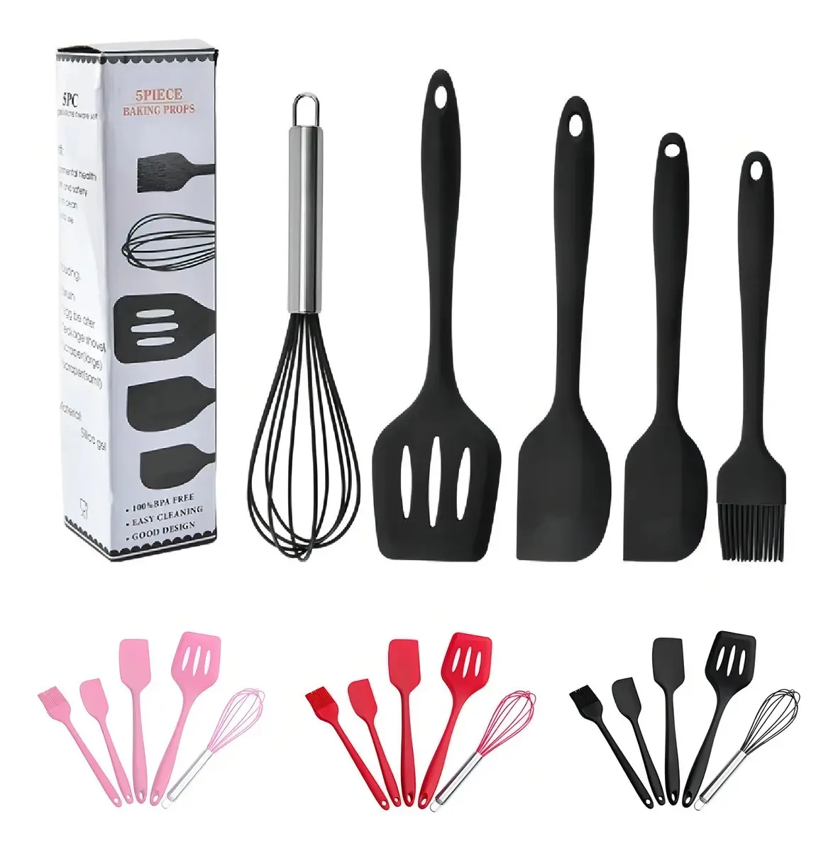 Jogo Utensílios De Silicone Cabo Inox Utensílios 5 Peças Cor Preto