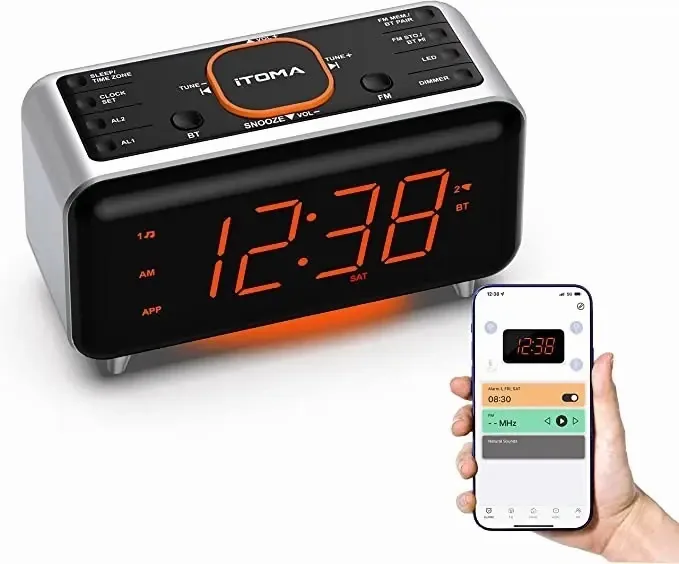 Relógio inteligente, rádio FM, despertador inteligente com aplicativo, cor preta