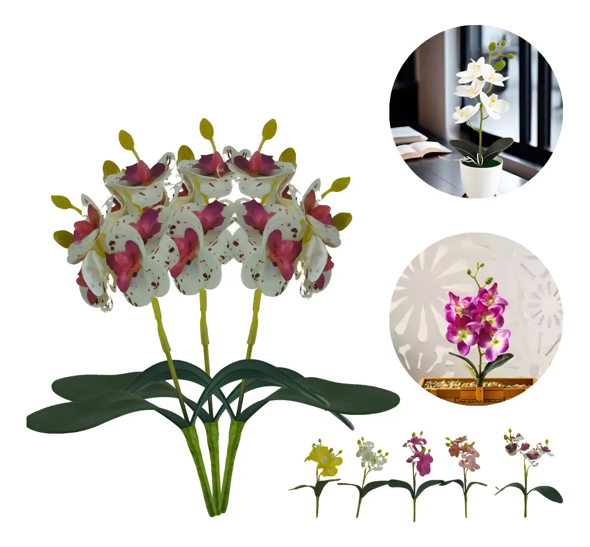 Orquídea Artificial de Seda Siliconada Branca e Vinho Para Arranjo