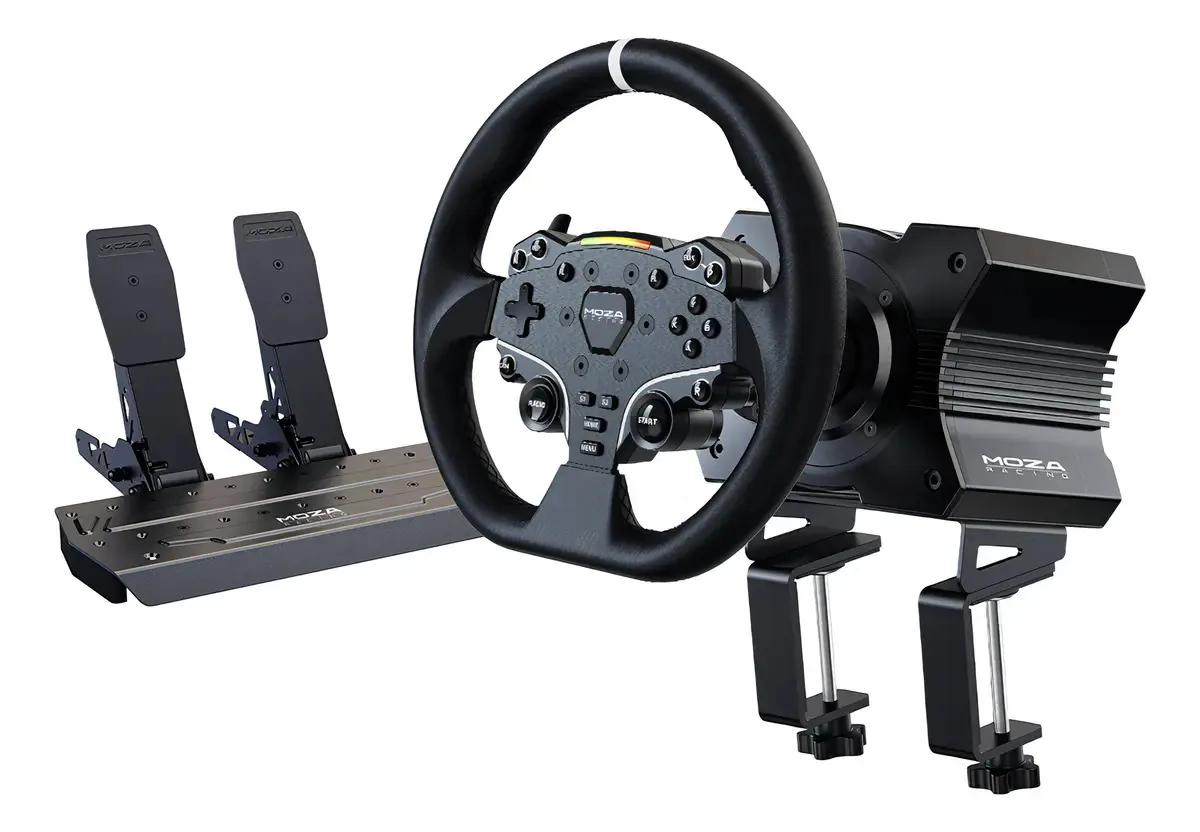 Volante Pc Base E Pedal Moza R5 Bundle Cockpit Simulador Preto