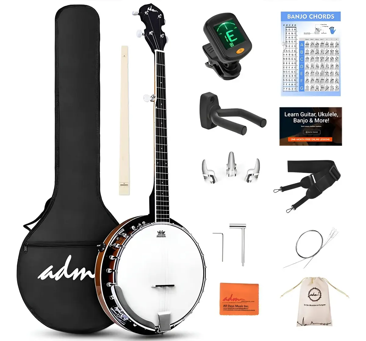 Adm Banjo - Conjunto de banjo elétrico acústico de 5 couro preto