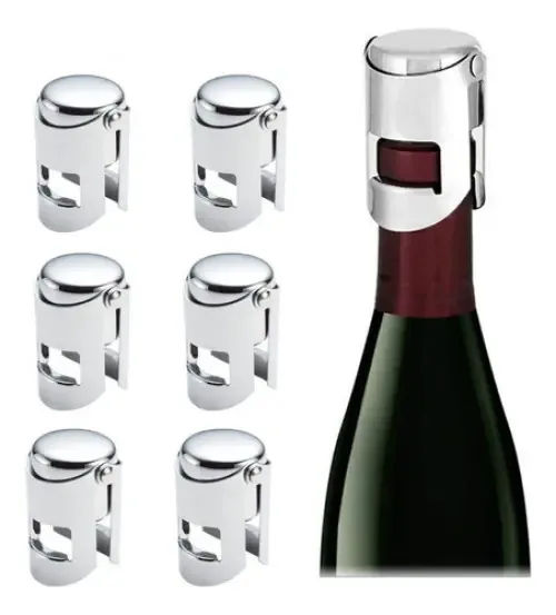 6 tampas de aço inoxidável para champanhe e vinho espumante. Cor Prata