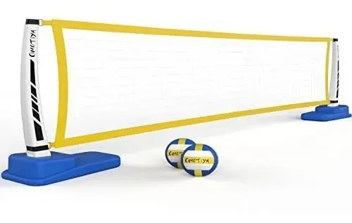 Conjunto de rede de vôlei de piscina Omotiya com base, rede de vôlei para piscinas enterradas, brinquedos de sinuca para crianças e adultos, inclui 2 bolas de vôlei aquático e bomba