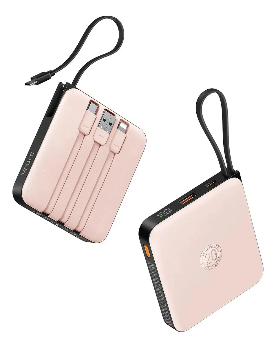 Carregador Portátil Vrurc 10000mah Com 4 Cabos Embutidos Azu Cor Rosa
