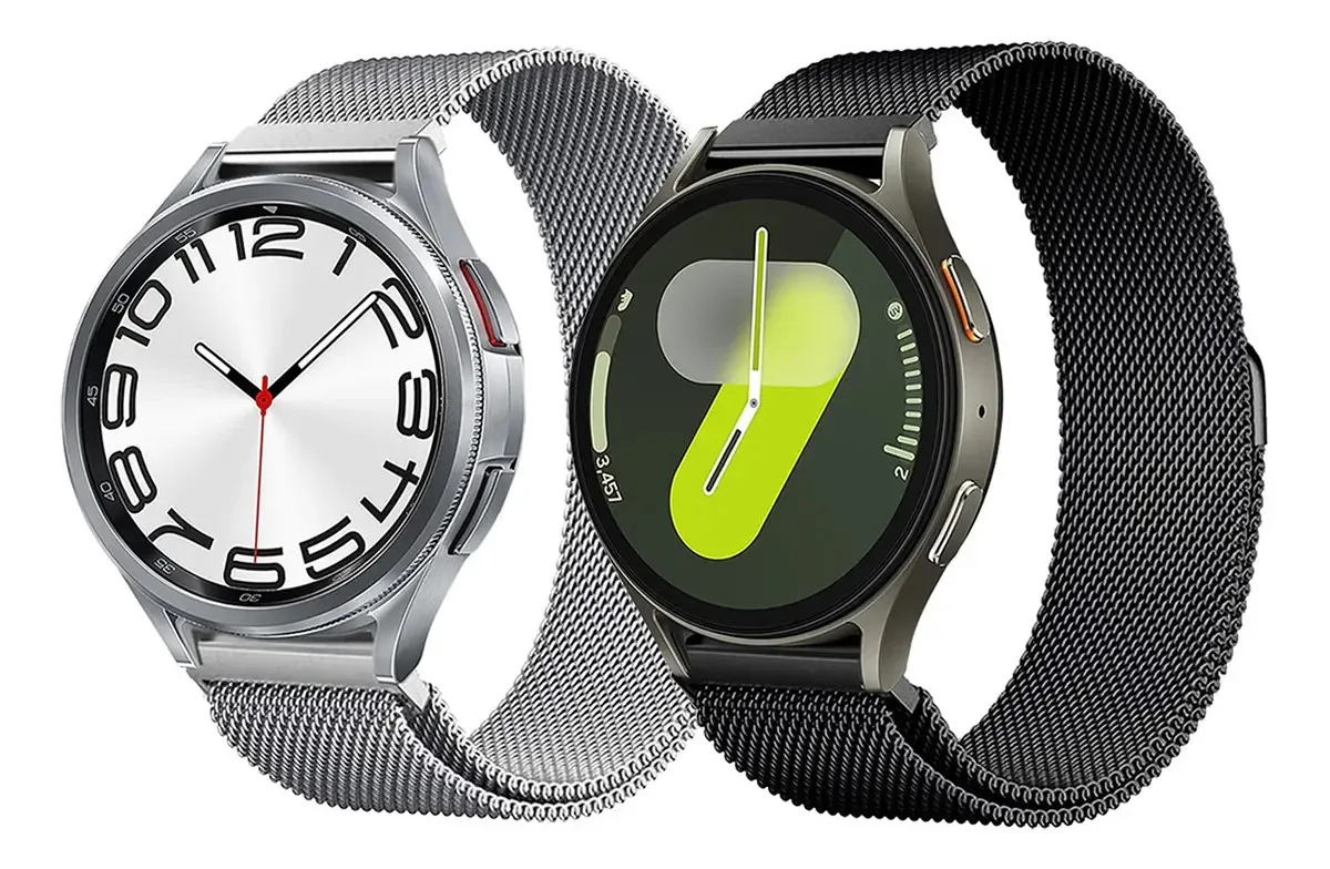 2 pulseiras de 20 mm para relógios Smartwatch, largura da pulseira de aço milanês, 20 mm, cor preto/prata