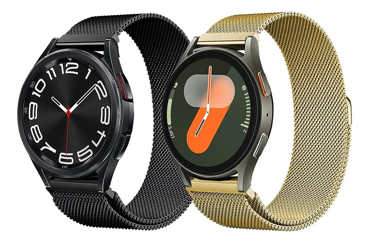 2 pulseiras de 20 mm para relógios Smartwatch, aço milanês, largura da pulseira: 20 mm, cor: preto, ouro