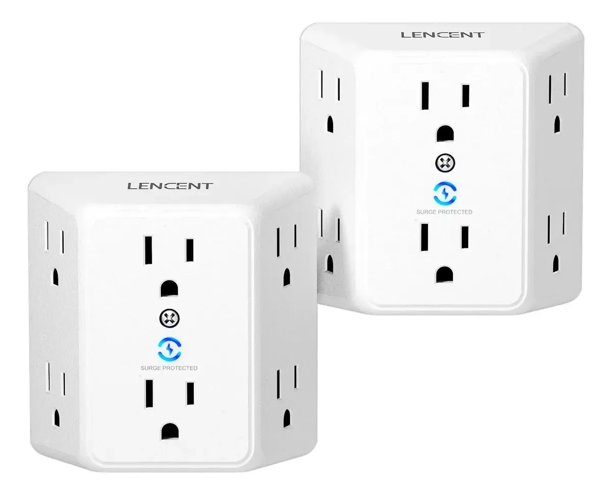 Lencent 2x Carregador De Parede 1875w, Extensor De Tomada Com 6 Saídas, Protetor Contra Sobretensão, Adaptador De 3 Lados Amplamente Espaçado, Régua De Energia De Parede Para Casa, Escritório,...