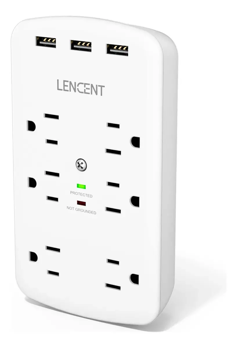 Adaptador de Tomada de Parede Lencent com 3 Portas USB e 6 Tomadas CA, Extensor de Tomada de Parede com Espaço Amplo, Protetor Contra Sobretensão, Certificado ETL