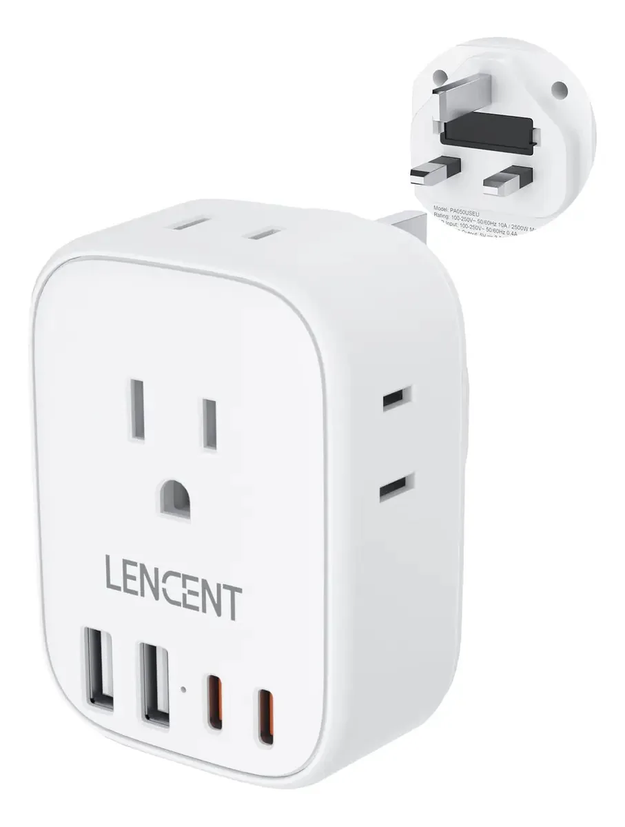 Adaptador de plugue tipo G para viagens com 4 saídas AC e 4 saídas