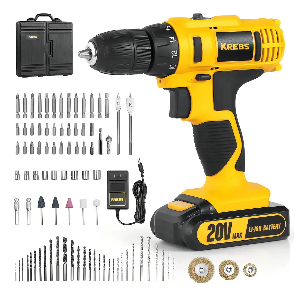 Furadeira sem fio Krebs 20V, kit de furadeira elétrica, cor amarela