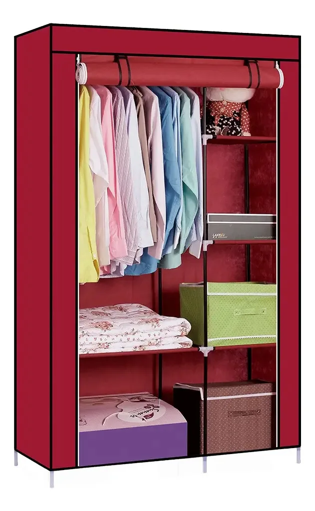 Guarda-roupa de tecido DecoTeam DDR-005 cor bordô com prateleiras e cabide