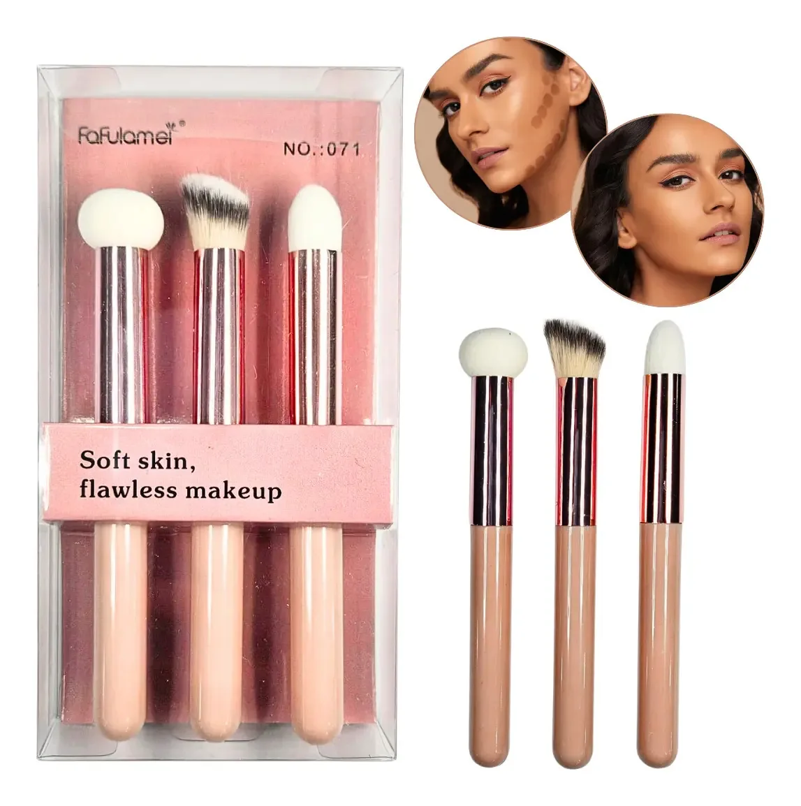 Conjunto de 3 pincéis de maquiagem, aplicadores, liquidificador, cor de maquiagem