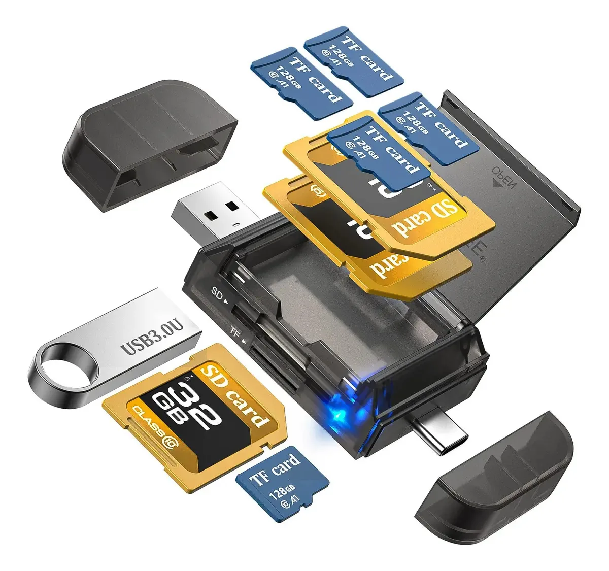Adaptador de leitor de cartão SD/TF 6 em 1 com porta USB
