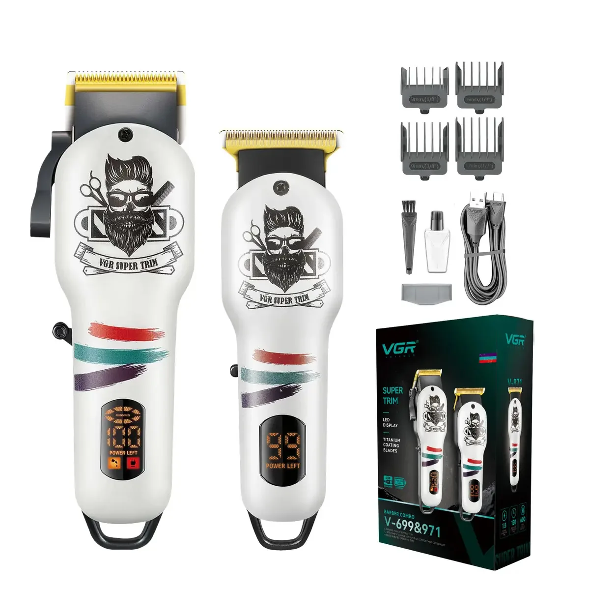 Kit de aparador Combo Clipper para barbearia profissional Vgr V-699 e V-971 branco