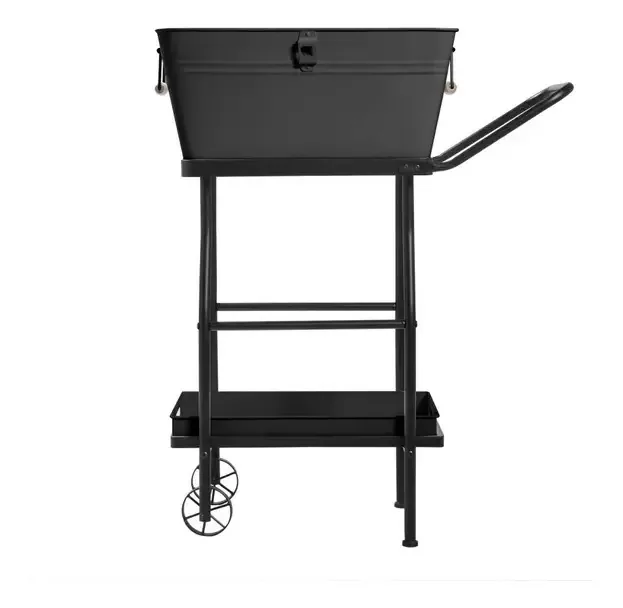 Refrigerador de aço inoxidável preto com carrinho e bandeja