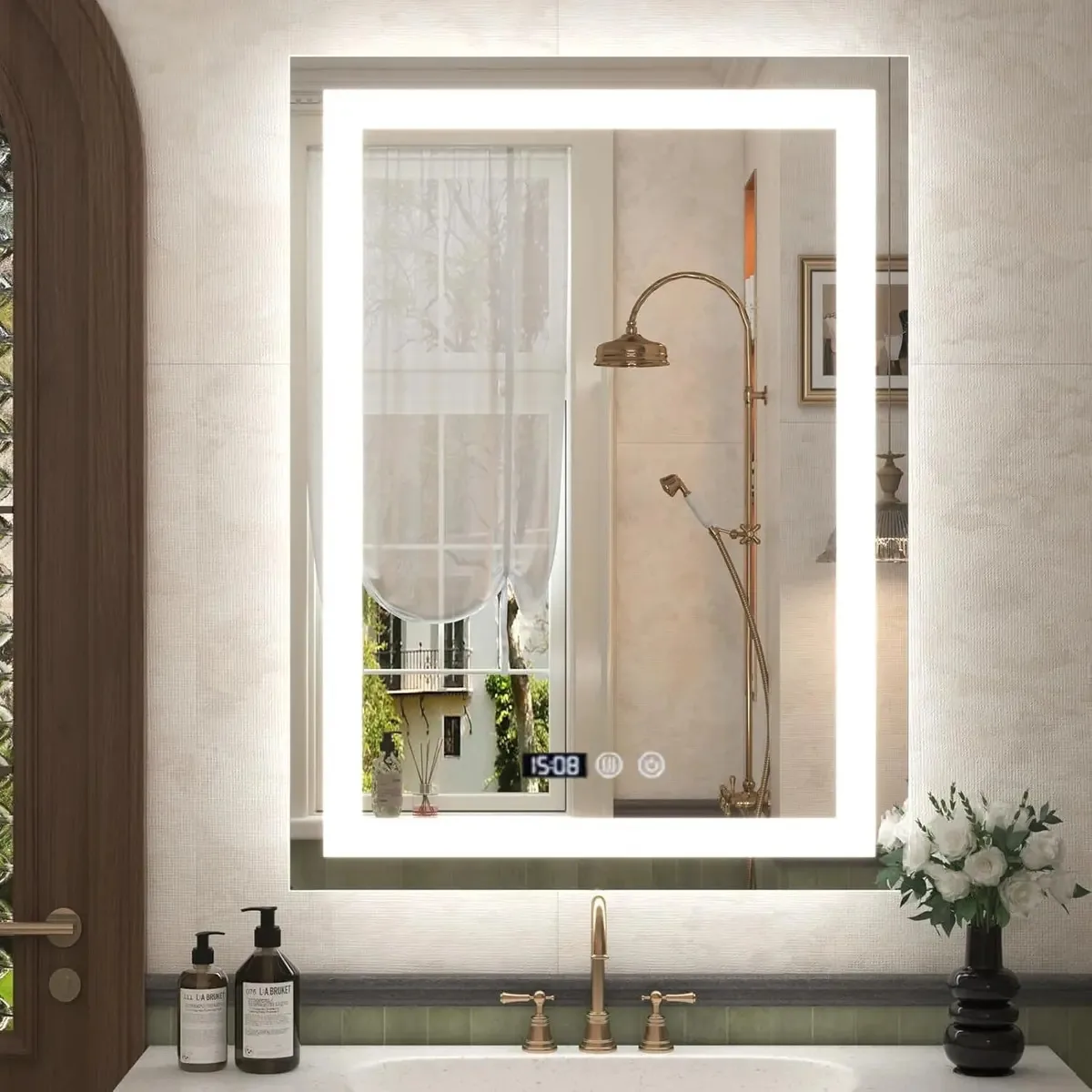 Espelho de banheiro LED tricolor Kixtla Touch 50 x 70 cm com vaidade de banheiro antiembaçante e revestida por hora, espelhos com luz para banheiro