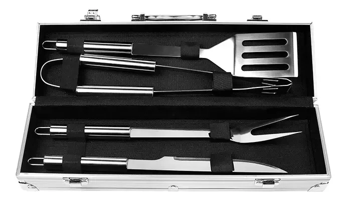 Conjunto de grelha de 4 peças, utensílios para grelhar, maleta