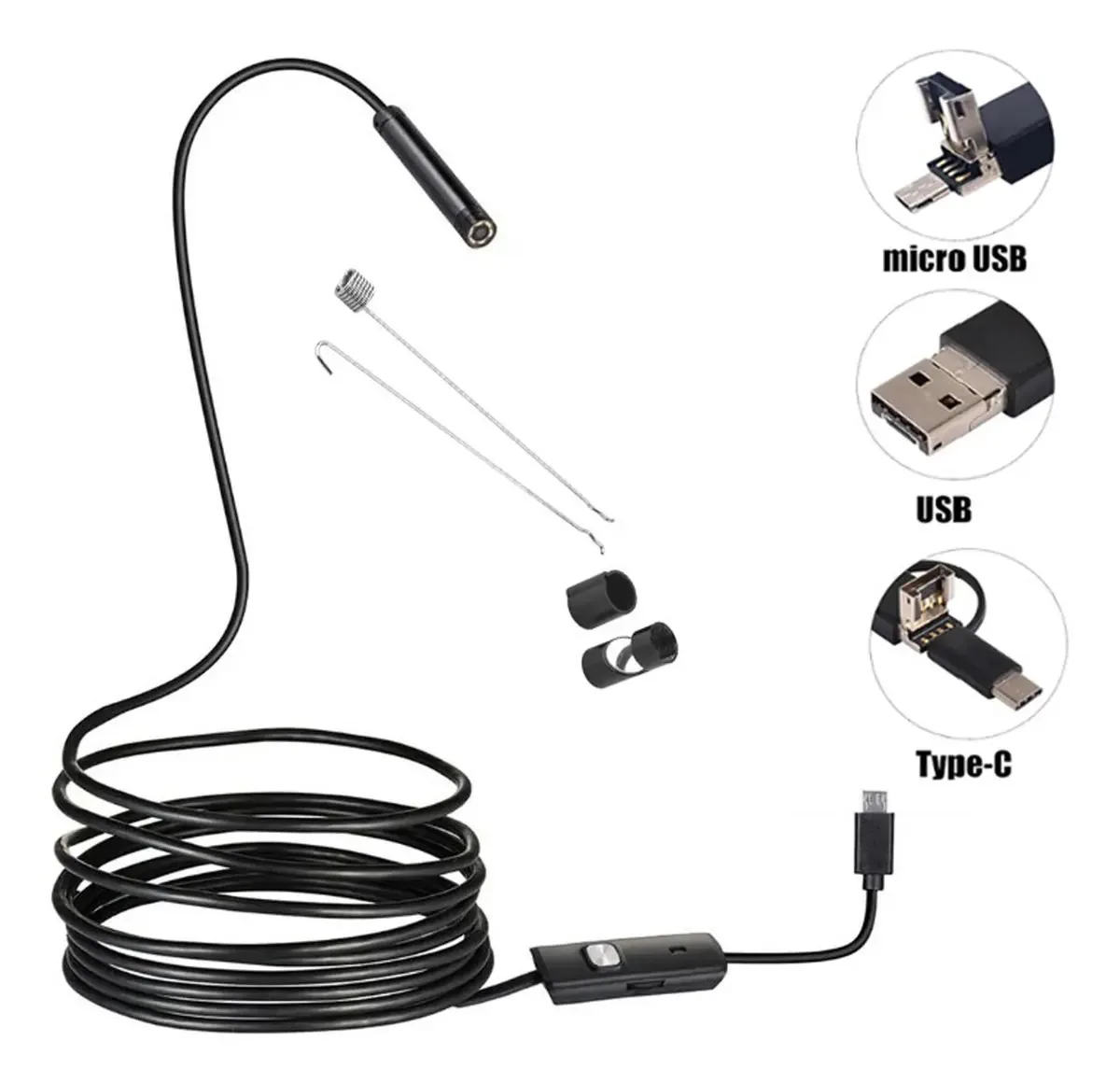 Câmera endoscópica boroscópica - Luz LED - 5 Mt. Cabo - Impermeável | PC e telefone celular USB - USB-c - Micro Usb | Eurotech