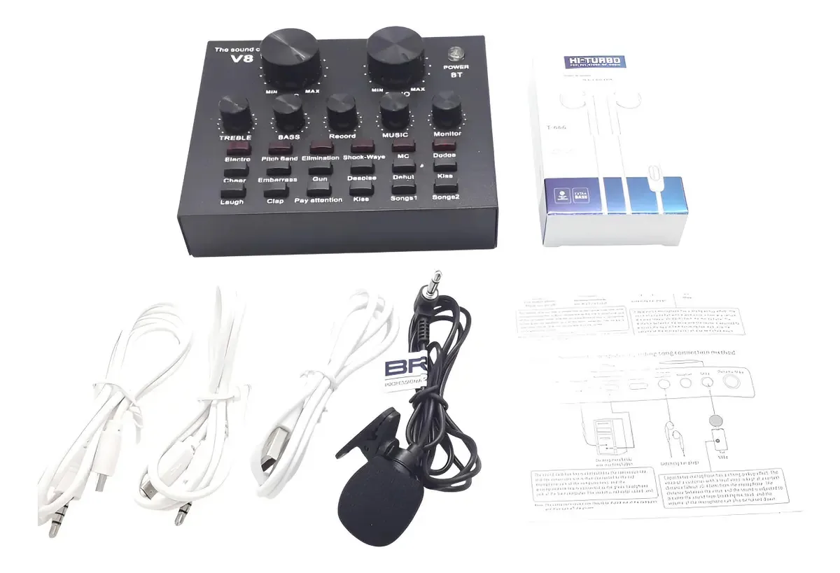 Interface de Áudio V8BT com Microfone Lapela e Fone HiTurbo