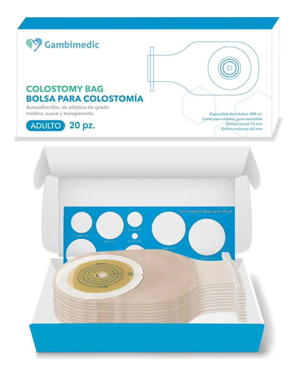 Bolsa de colostomia com barreira de colostomia gambimedic 14-60 mm, 20 unidades