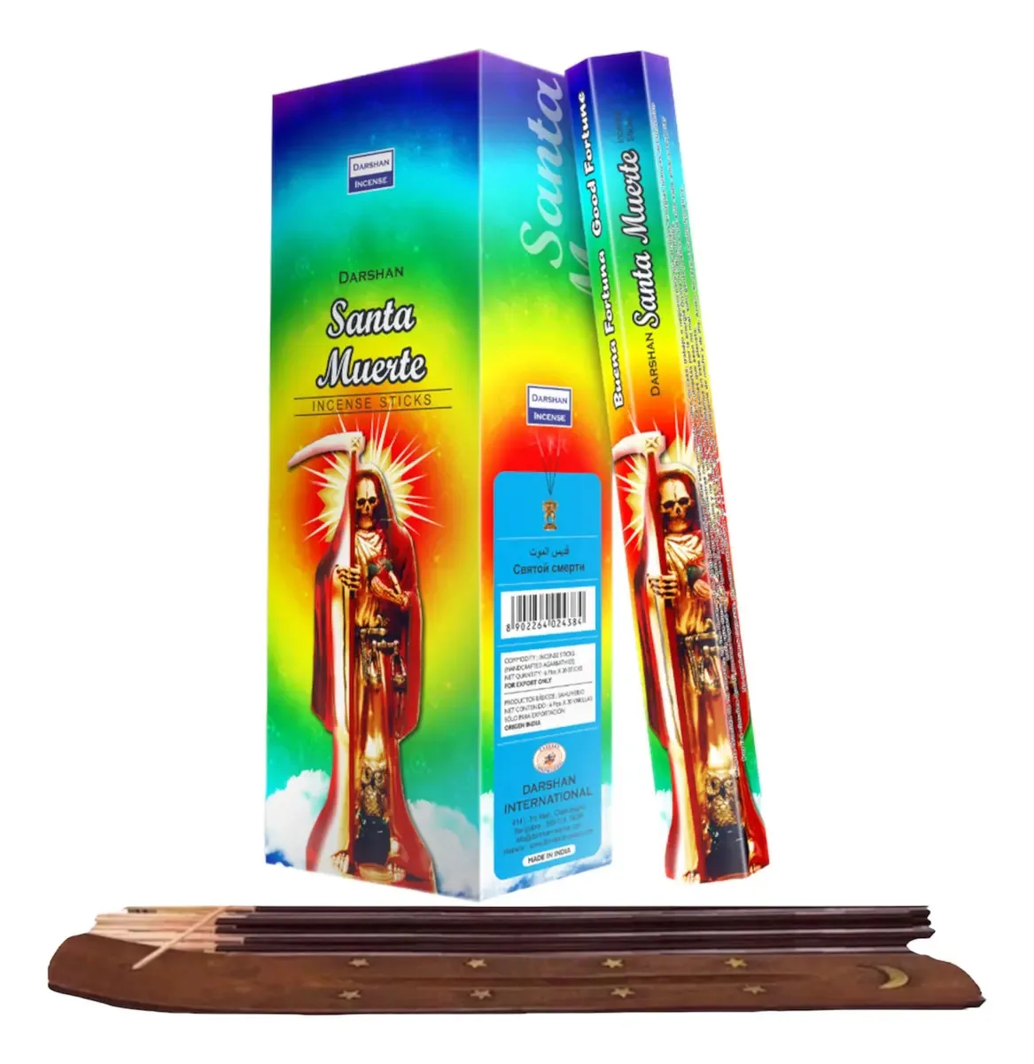Incenso Darshan Mayoreo 120 palitos com porta-incenso e fragrância Scent Santa Muerte 5 em 1