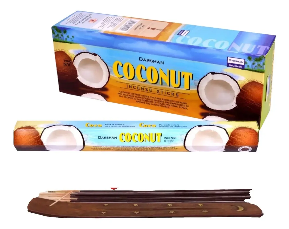 Incenso Darshan Mayoreo, 120 palitos com porta-incenso, mais aroma, fragrância de coco
