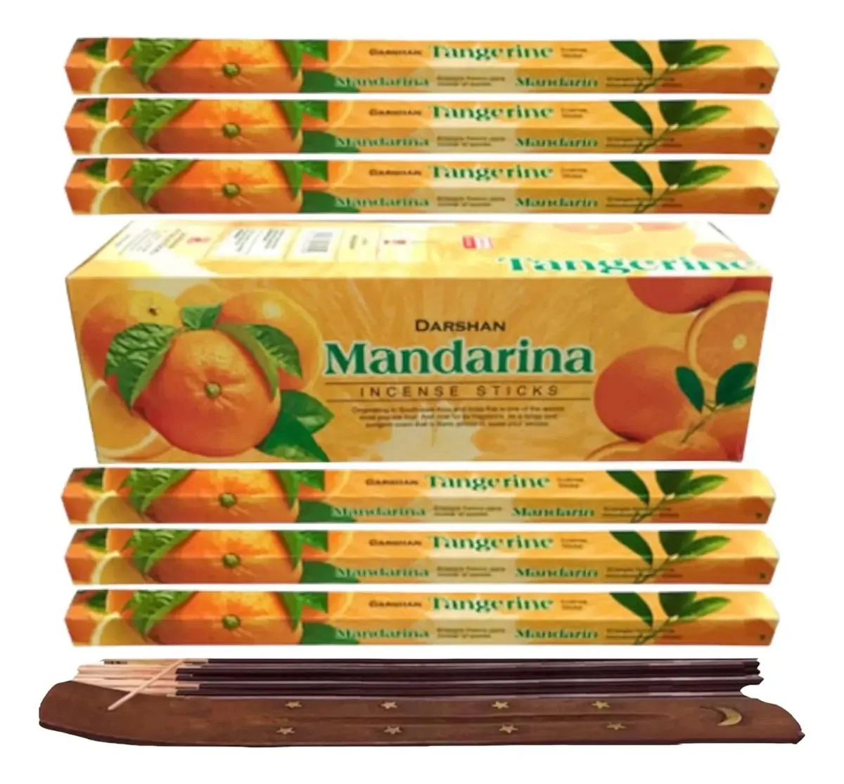 Incenso Darshan Mayoreo, 120 palitos com porta-incenso, mais aroma, fragrância de tangerina