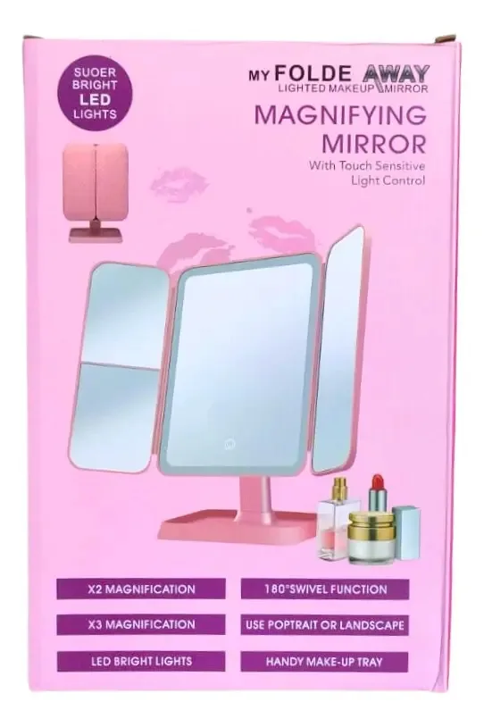 Espelho de maquiagem Espelho de aumento com luz LED tripla Espelho de aumento Espelho de aumento com moldura rosa