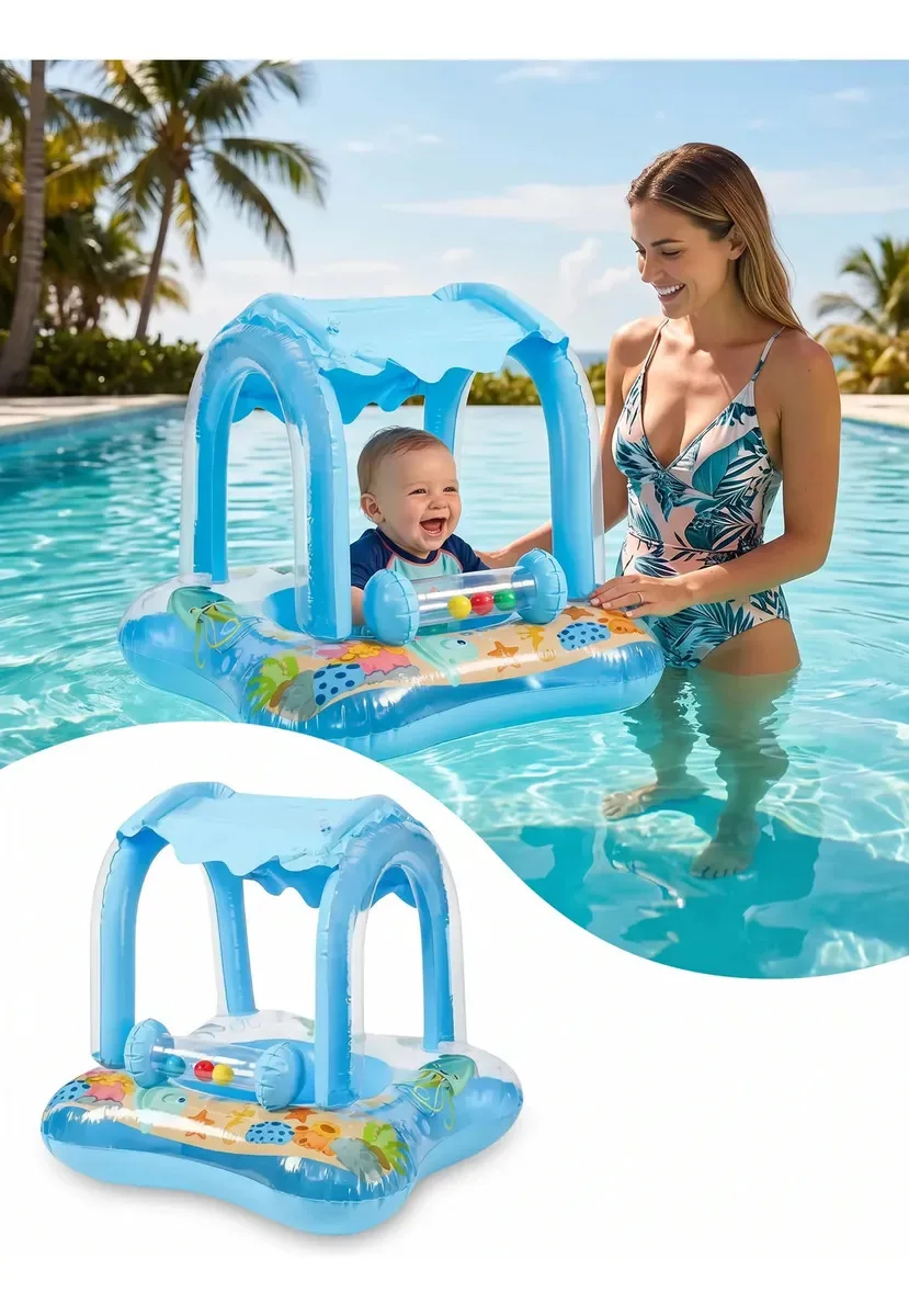 Boia Inflável Bebê Azul Praia Piscina Com Cobertura Inflável Fixa E Chocalho Estímulo Sensorial Assento Anatômico Piscina Segura Lazer Infantil Familia Chacara Verão Aquático Louis Riel Acustico