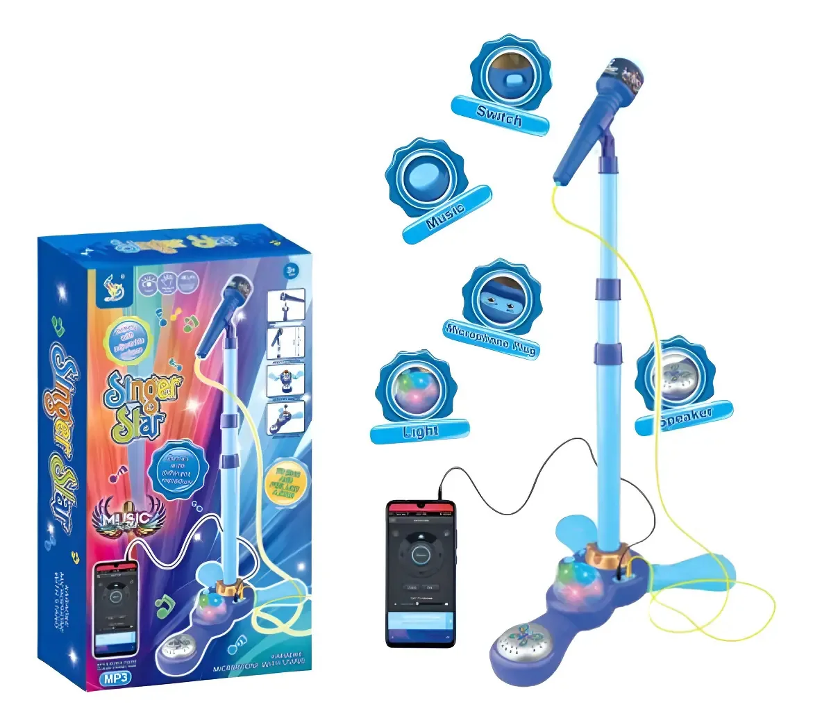 Microfone de pedestal de brinquedo MP3 com luzes infantis azuis claras
