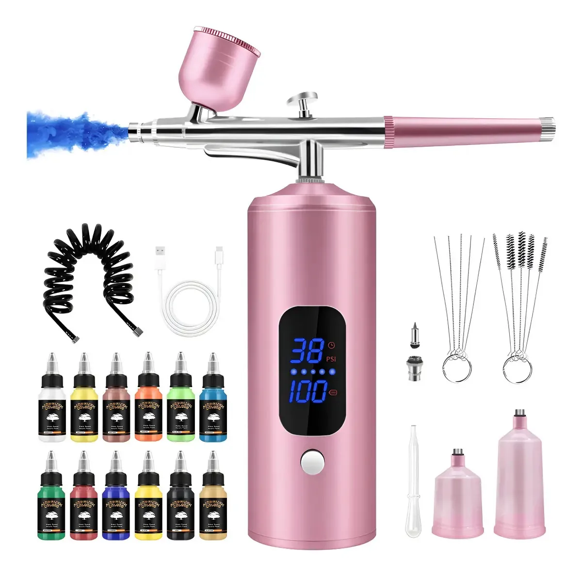 Aerógrafo rosa Juemel M7093 com compressor de ar e mangueira
