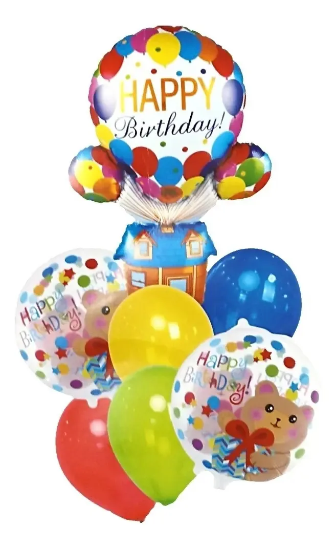 Kit de 7 balões de feliz aniversário com ursos redondos e látex