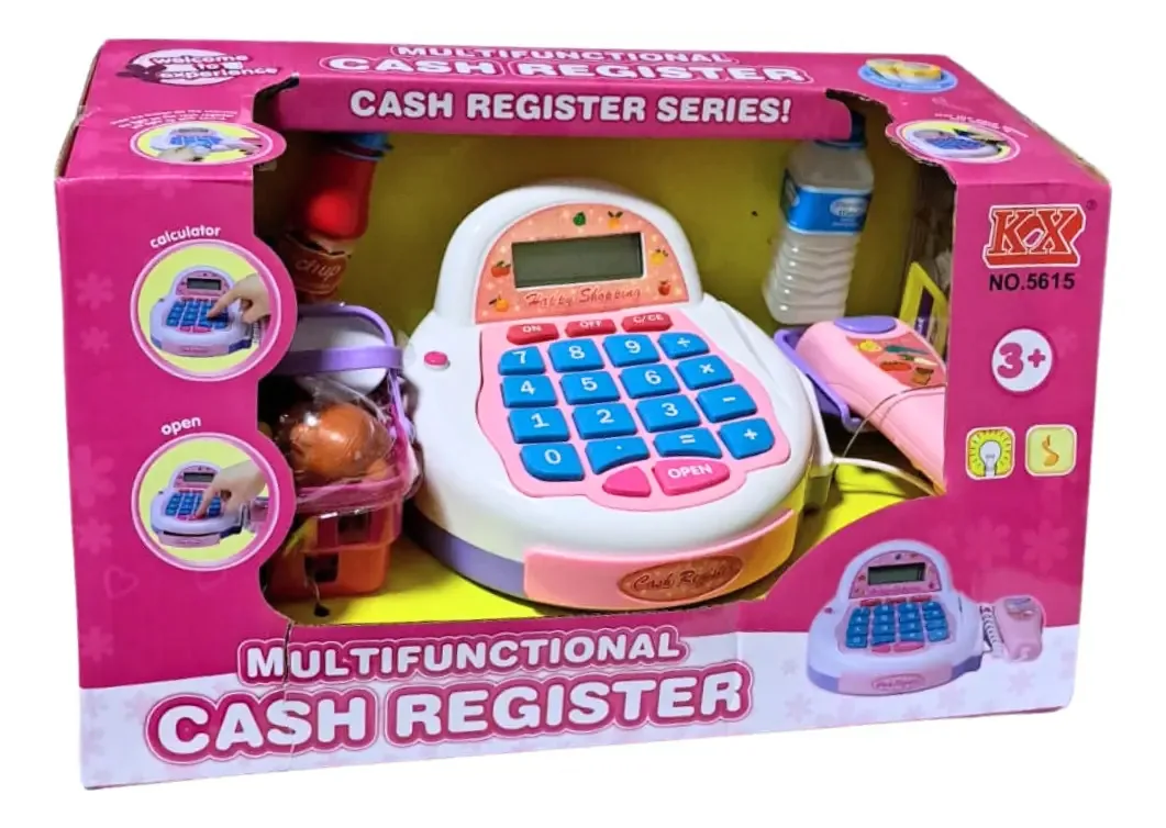 Caixa registradora de brinquedo rosa com moedas e produtos