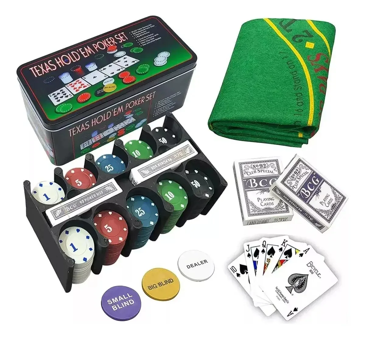 Kit de conjunto de pôquer: 200 fichas +2 baralhos de cartas e tecido - lata