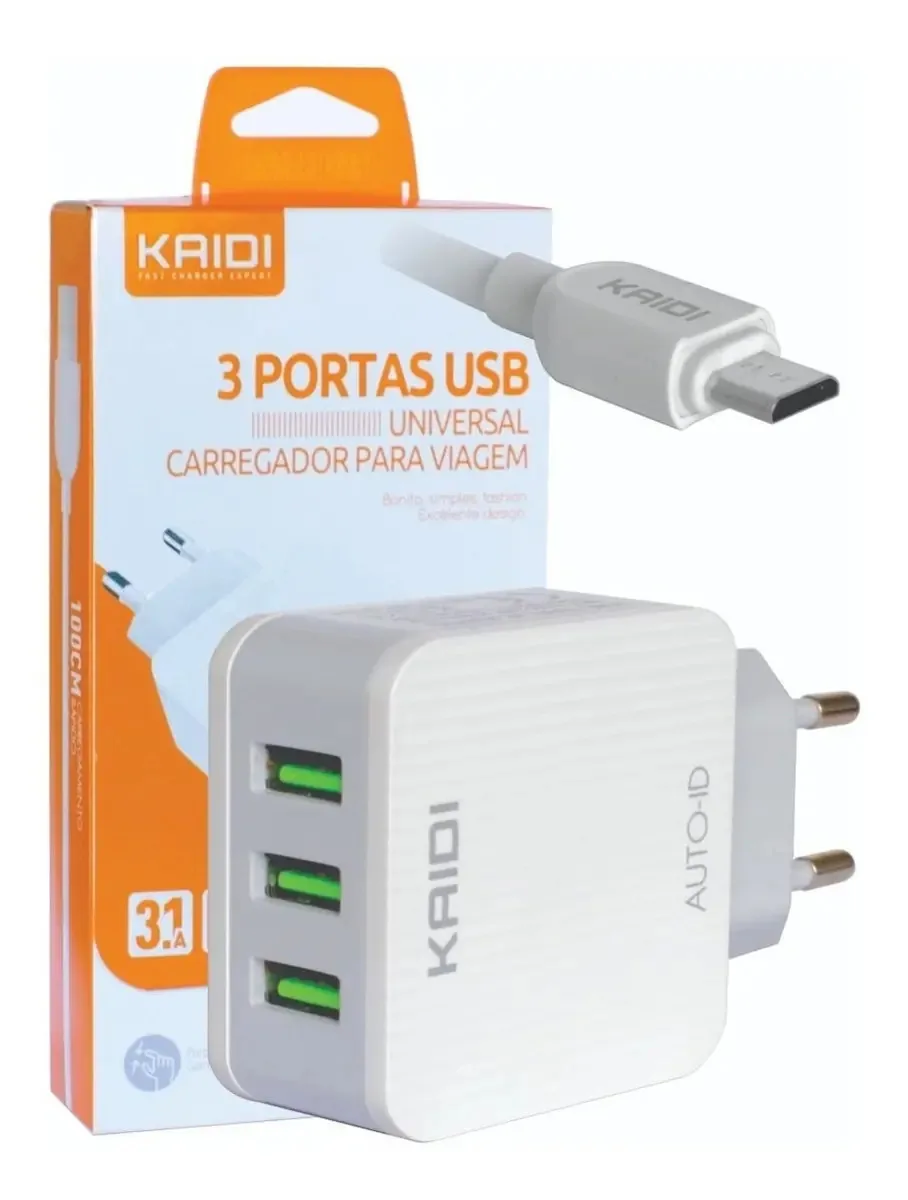 Carregador de Parede Kaidi KD-606C USB Super Rápido com Cabo Micro USB