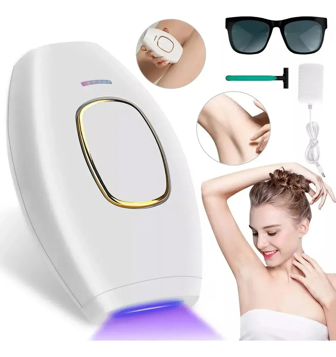 Dispositivo profissional de depilação IPL para uso doméstico, espátula e lentes de proteção, tecnologia avançada para resultados. Ideal para cuidados pessoais profissionais em casa