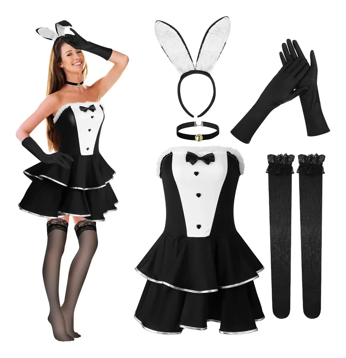 Macacão de Natal Babydoll Indoor Cosplay Bunny Costume Preto Xl