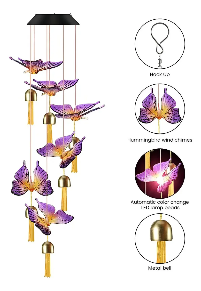 Carrilhão de vento solar ao ar livre, luzes de borboleta
