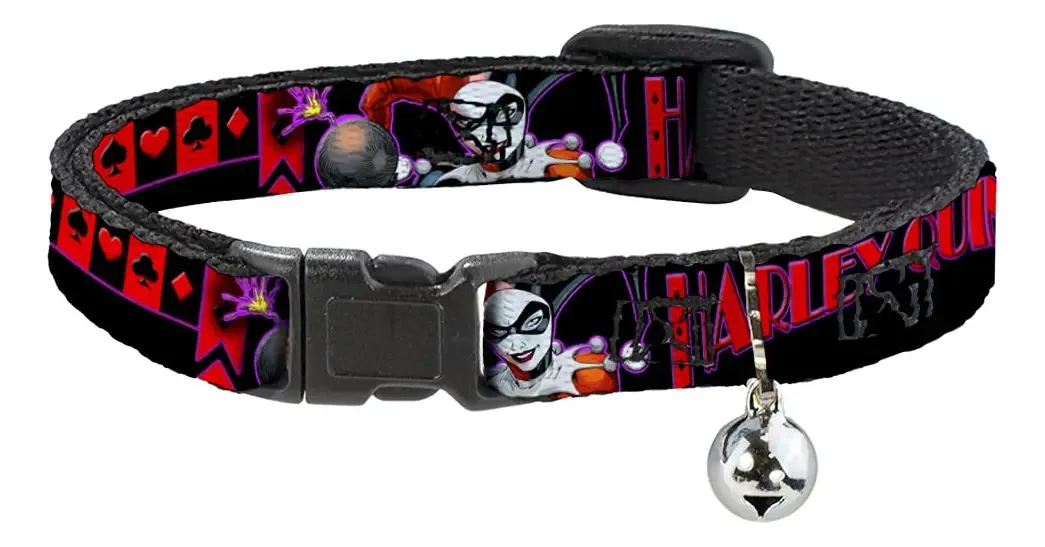 Harley Quinn Bomb Poses Breakaway Cat, coleira preta, ternos e cores
