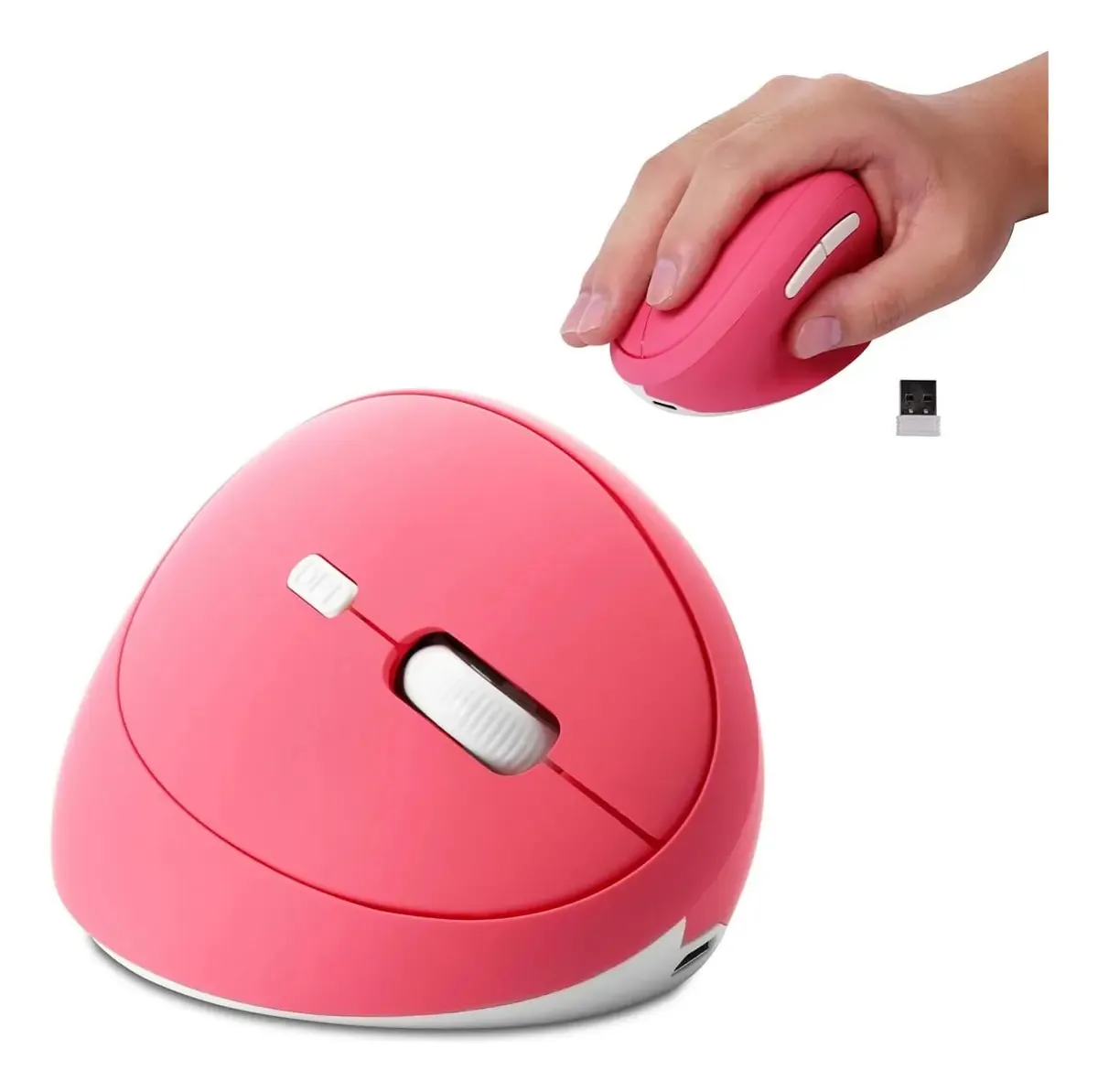 Mouse vertical sem fio ergonômico e recarregável de 2,4 G, rosa