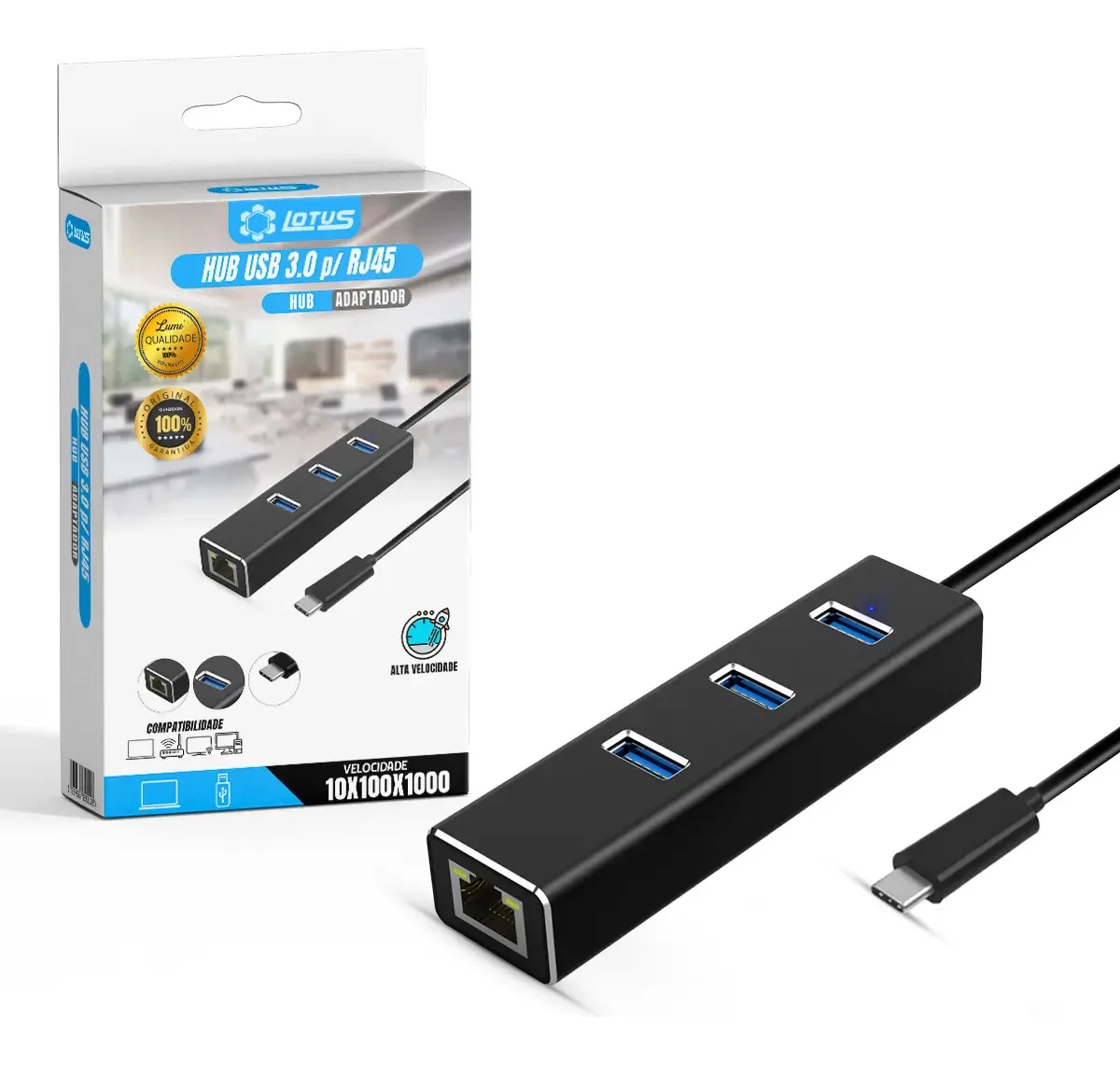 Adaptador Usb 3.0 Para Lan Rj45+hub 3 Portas Usb 3.0 Lumi