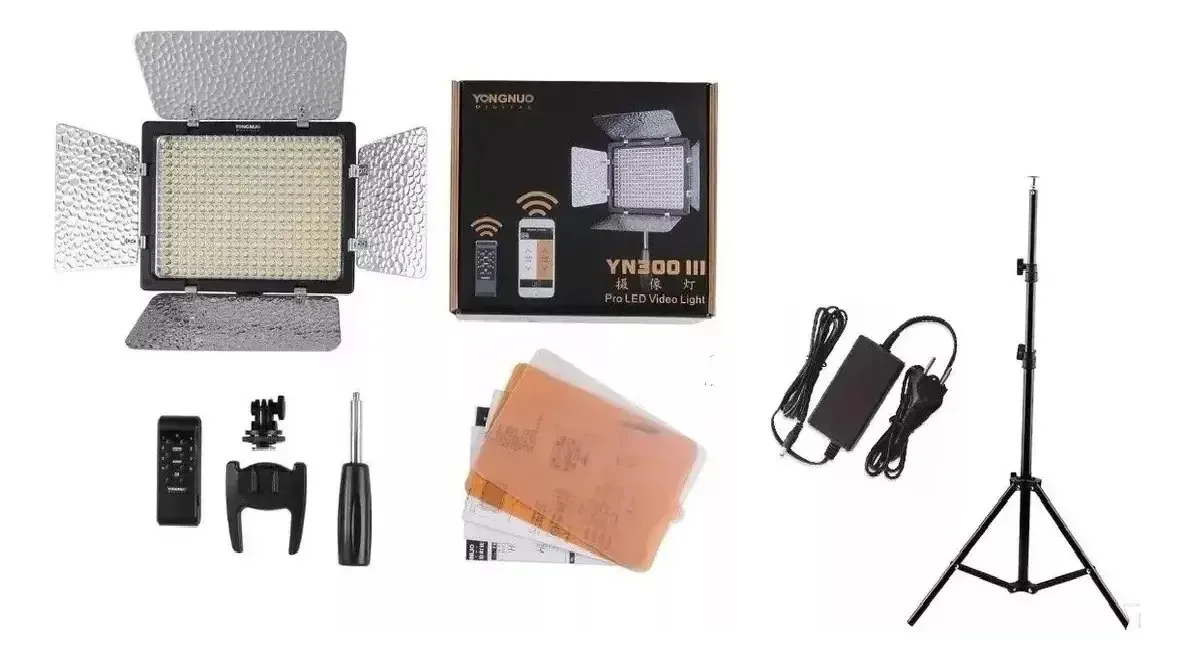 Iluminador Yongnuo YN300 III LED para Câmera, Estúdio e Fotografia com Tripé e Fonte