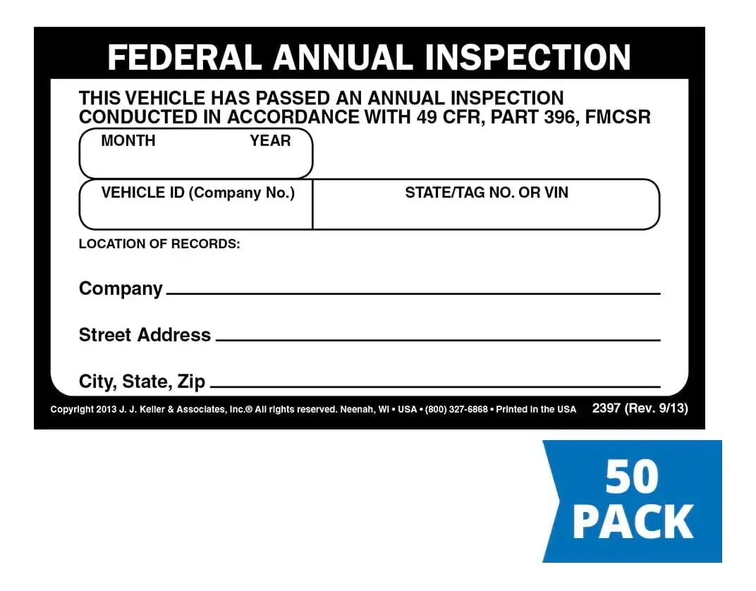 Pacote de 50 Etiquetas de Inspeção Anual Federal J. J. Keller, Etiqueta de Vinil para Inspeção Anual de Veículos, Compatível com o DOT