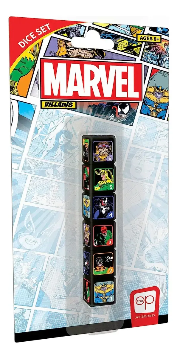 Jogo de dados Usaopoly Marvel Villains | Dados colecionáveis em D6 com Thanos, Doctor Octopus, Red Skull, Venom, Loki e Modok | Dados oficiais de 6 lados